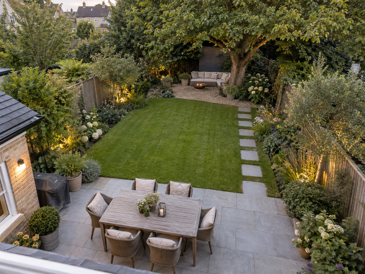 A backyard layout linking the back door, dining area, lawn, and rear gate