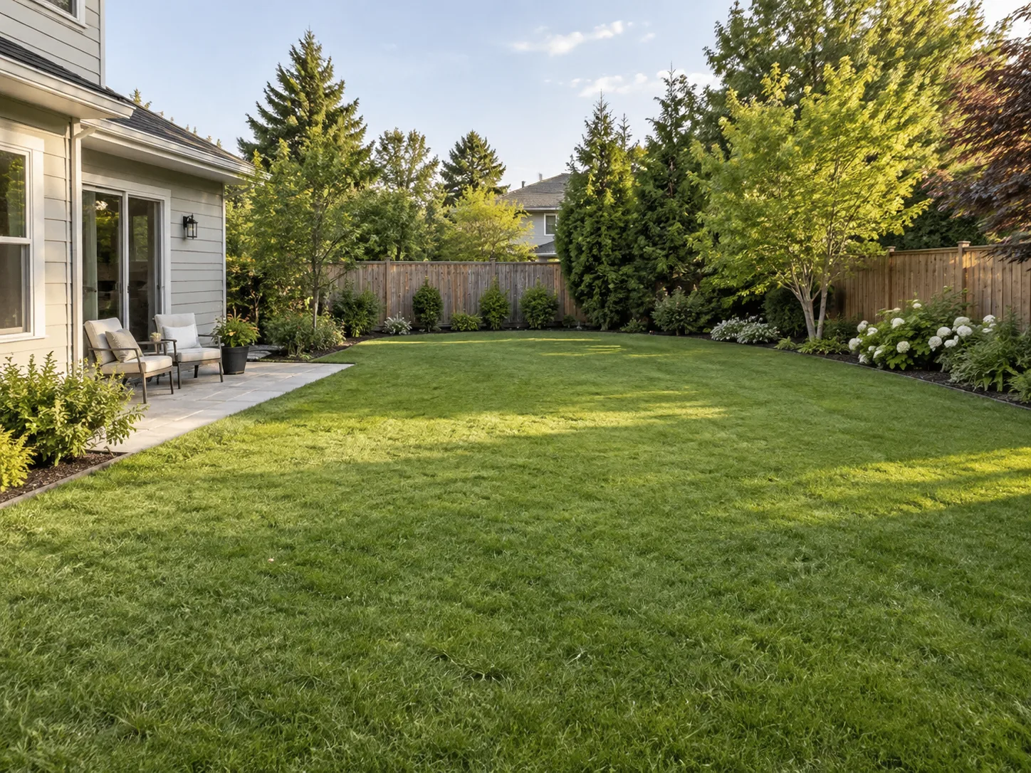 A backyard with a clear central lawn kept open for everyday use