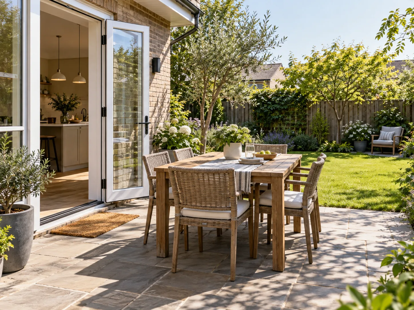 A compact timber dining terrace beside the kitchen door of a backyard