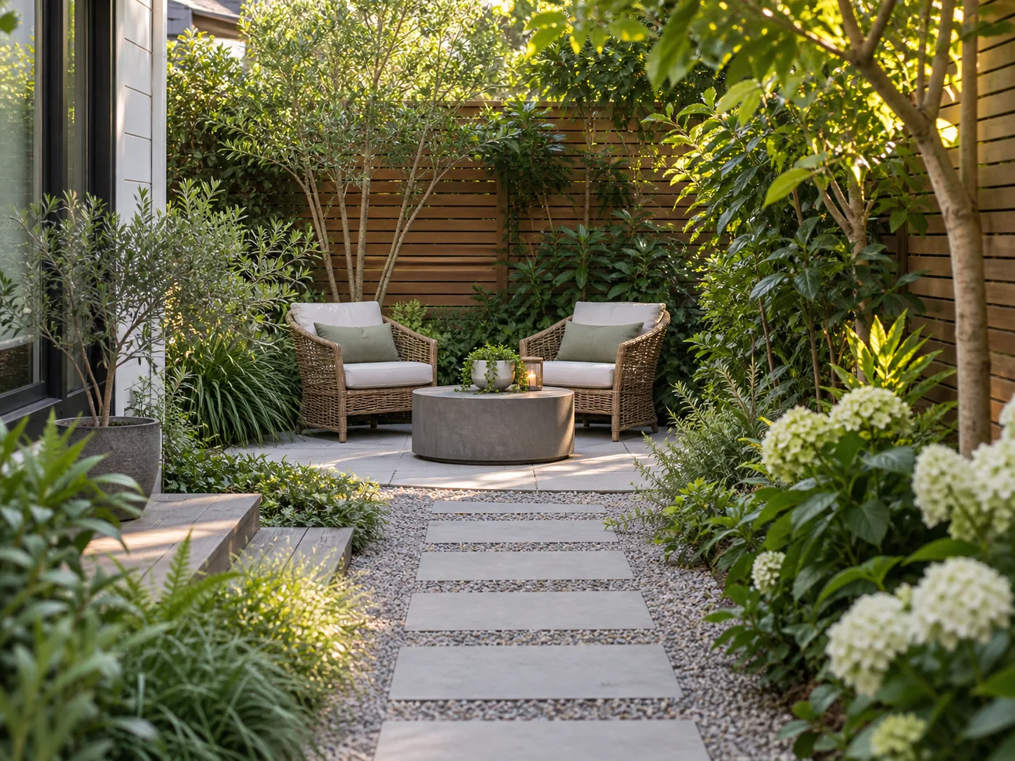 A sheltered backyard seating corner beside planted screening