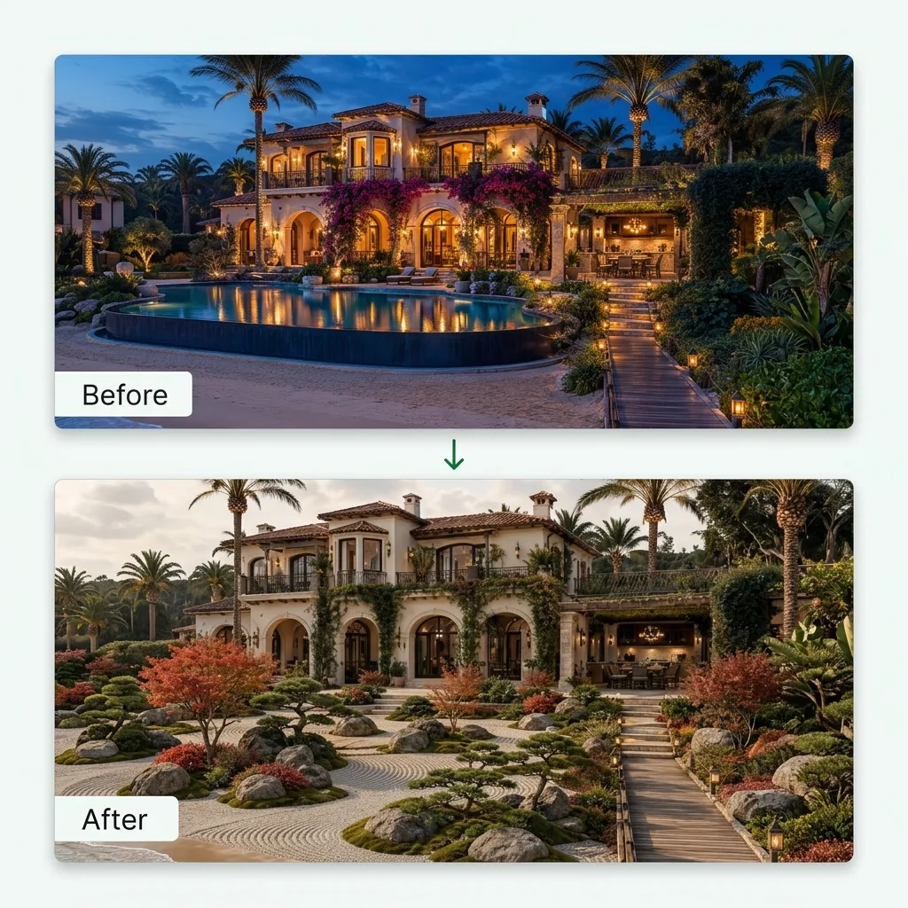 Before and after views of the same backyard dining, lawn, and planting layout