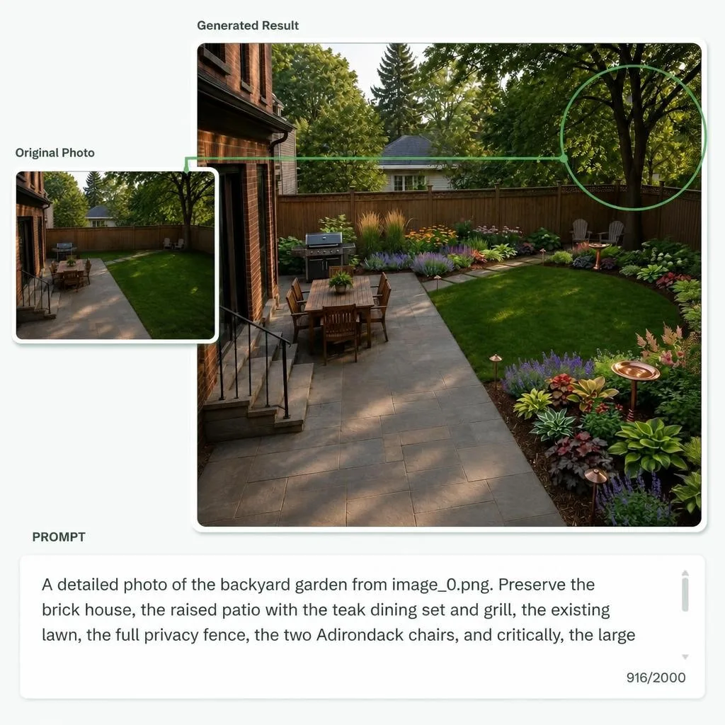 A backyard prompt that keeps an existing tree, path, and open center