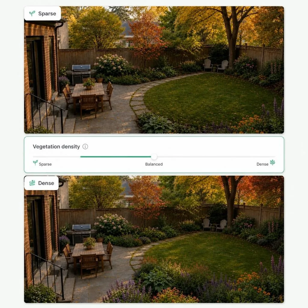 Planting density controls used to balance greenery and open backyard space