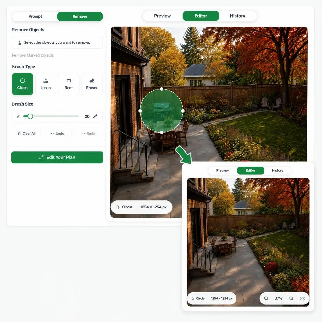 Editor tools used to refine one detail in a backyard design result