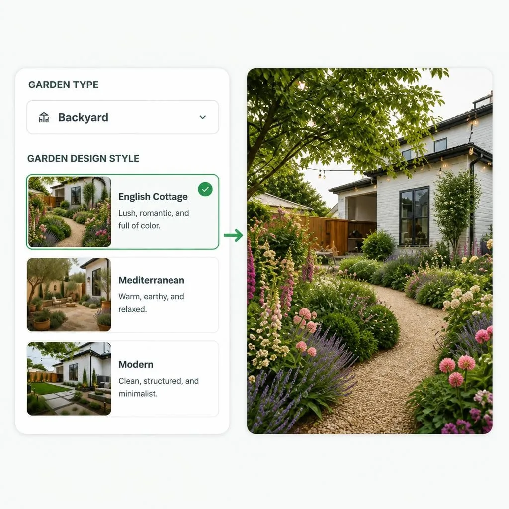 Backyard style controls beside a generated backyard design result