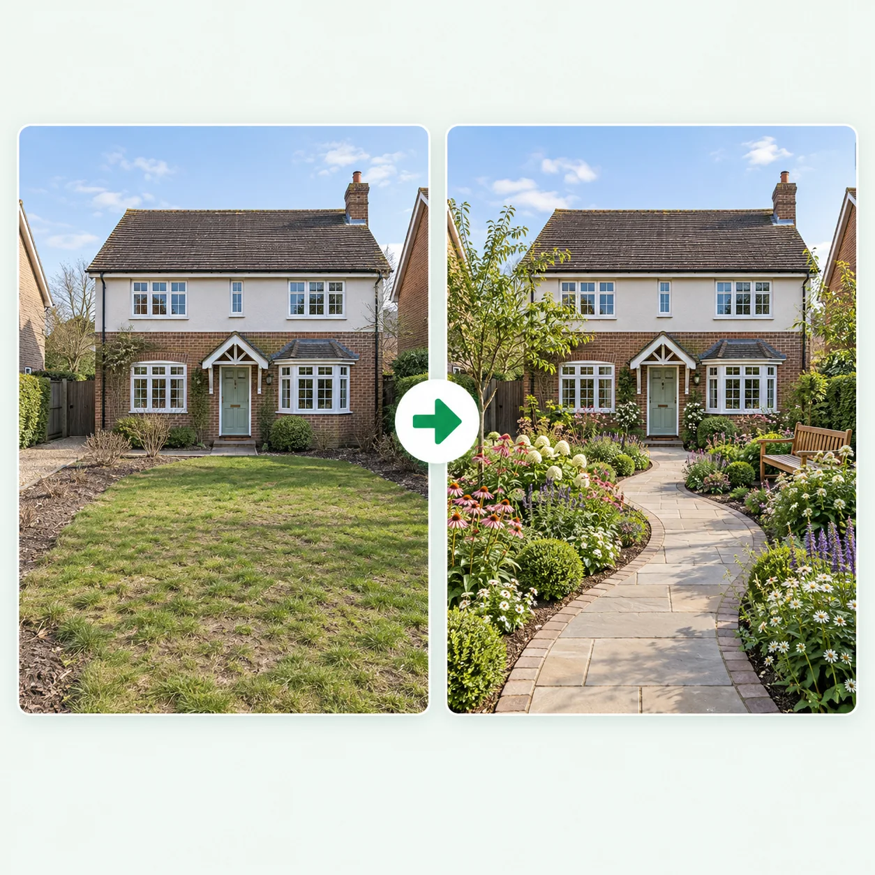 Before and after views of the same front garden with a new path and planting