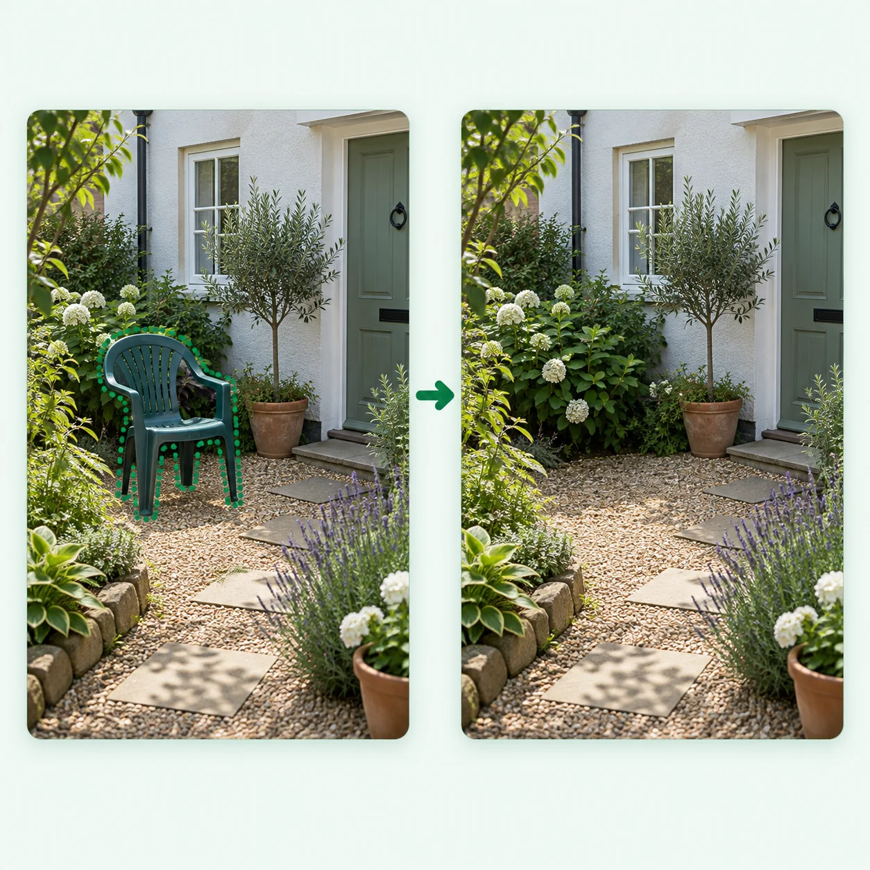 A garden photo with one object selected for removal beside the cleaned result