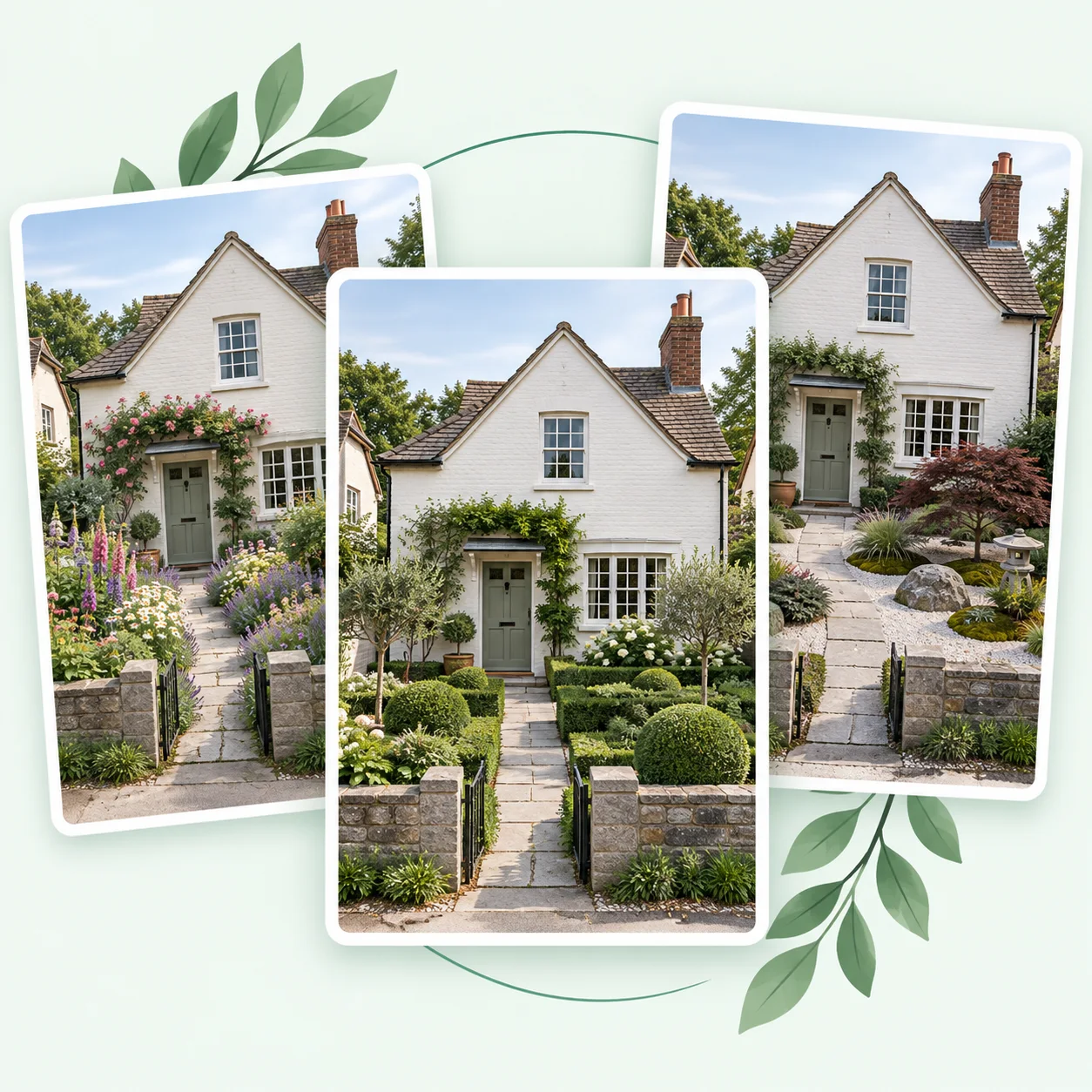 Three style versions of the same front garden for cottage, modern, and Japanese planting