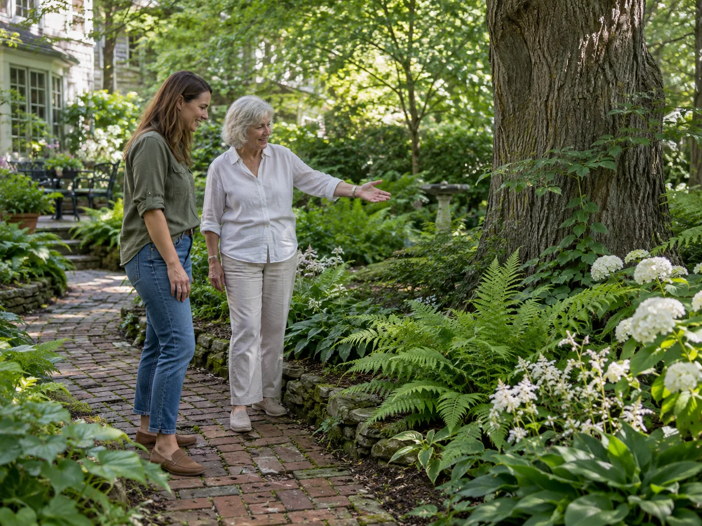 A garden enthusiast and adult daughter reviewing planting beside a mature tree