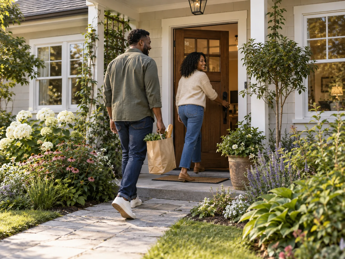 A couple walking through a cottage front garden toward the front door