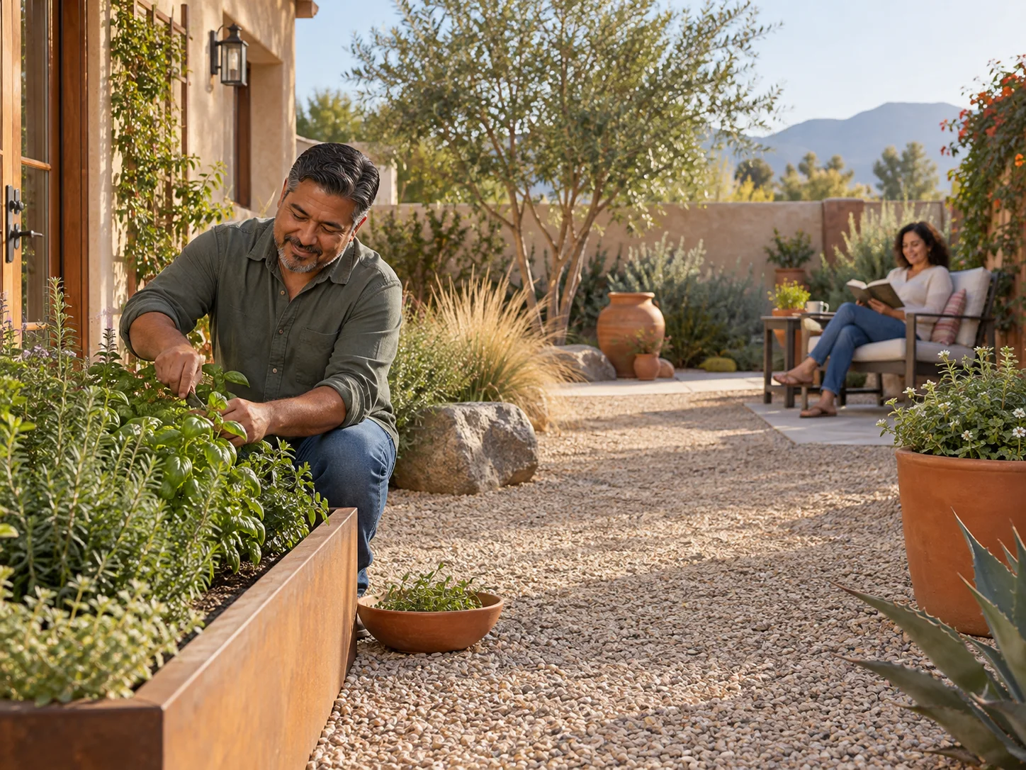 A homeowner tending herbs in a lower-maintenance gravel garden