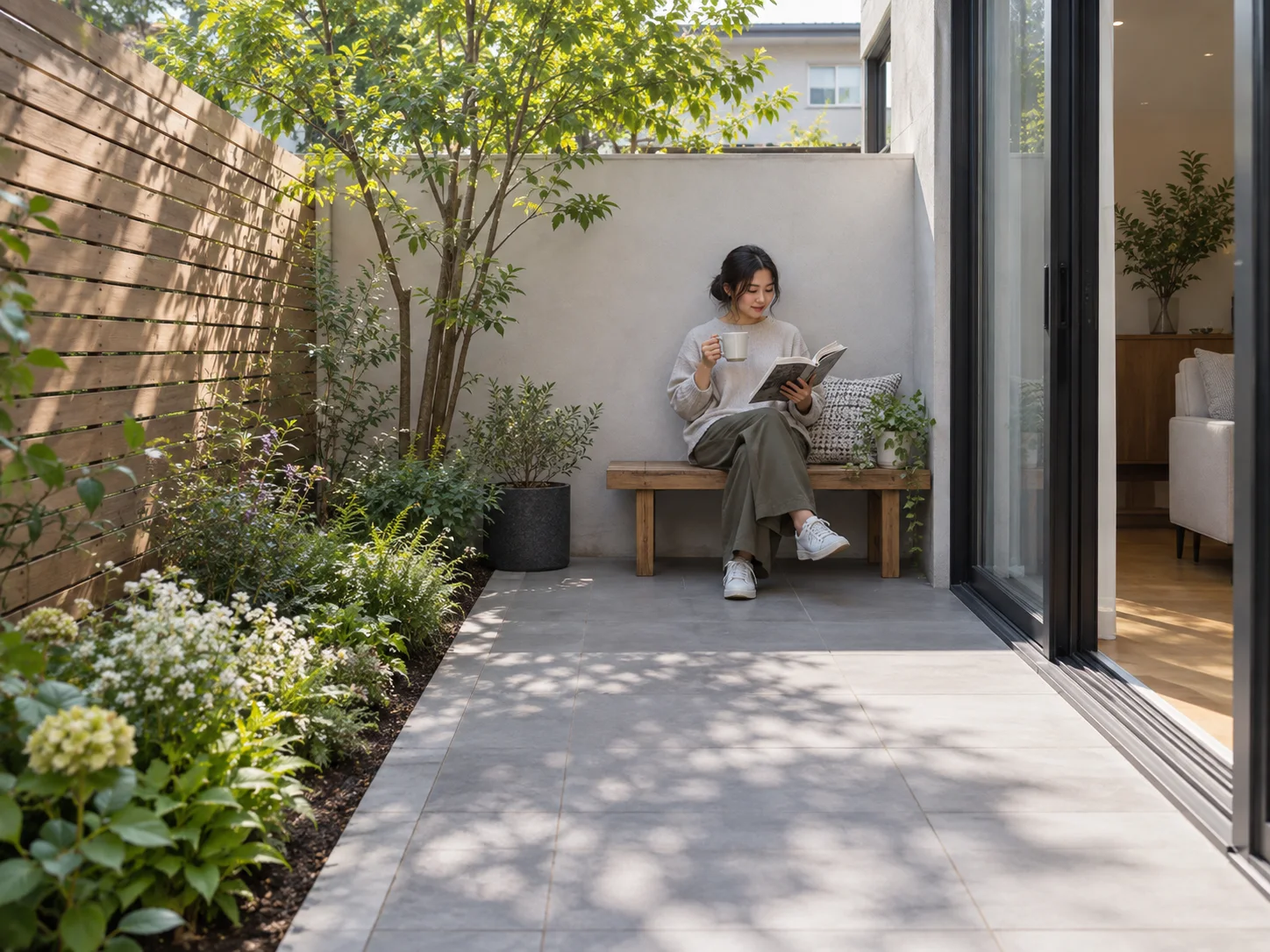 A young homeowner reading on a bench in a compact courtyard garden