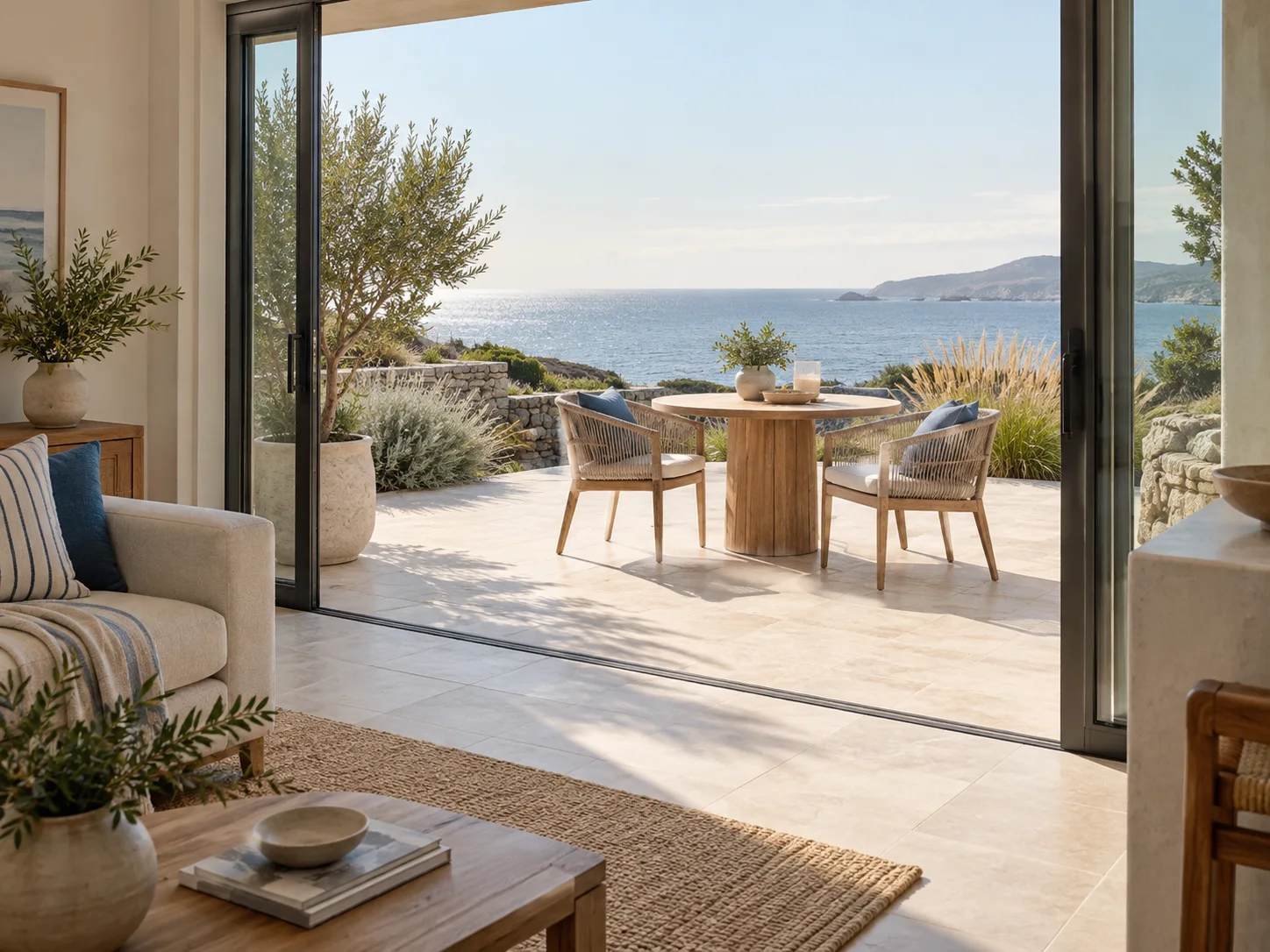 A view from inside the house onto a pale stone patio and timber table