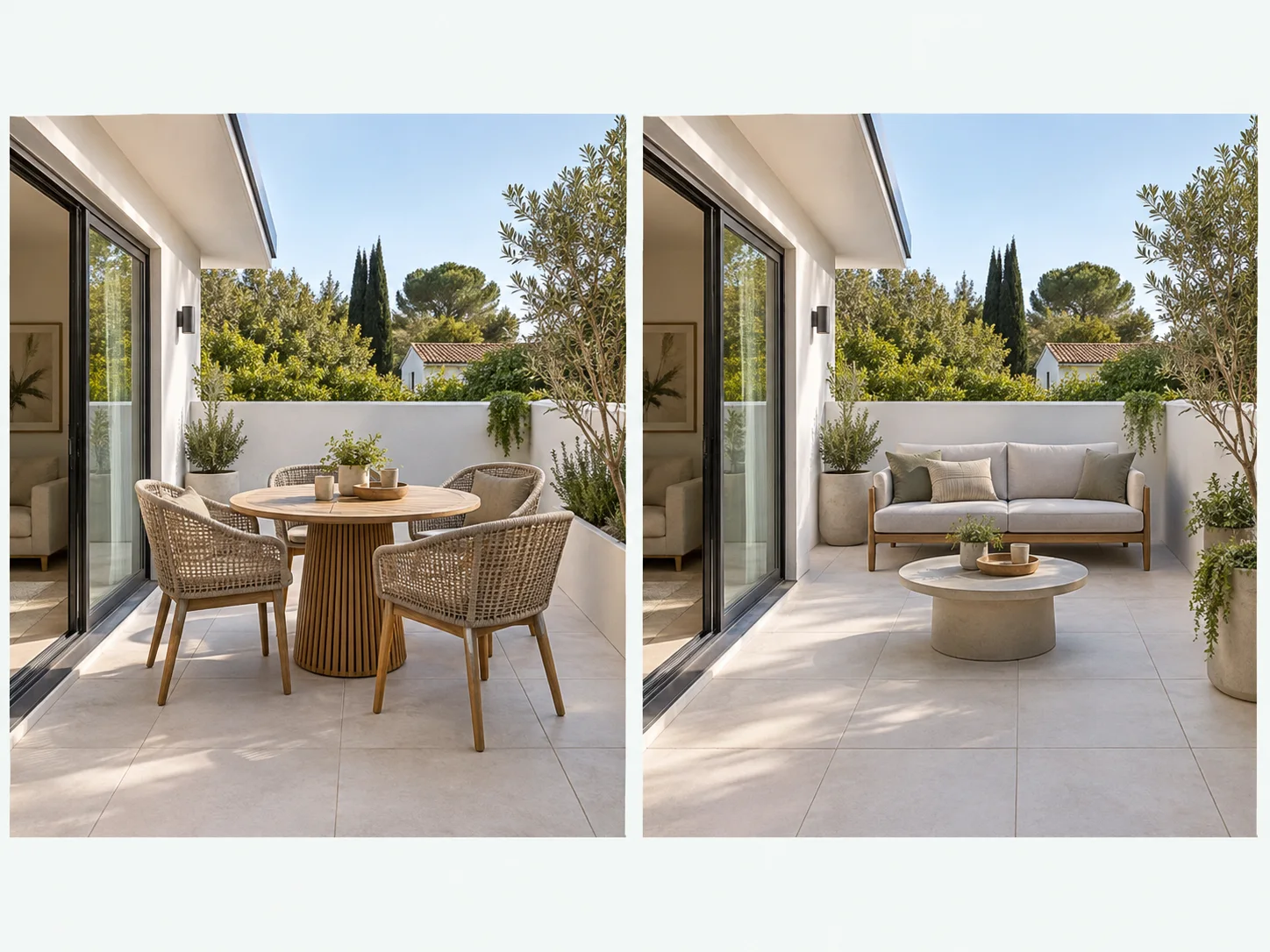 The same patio compared with a dining table and a lounge sofa arrangement