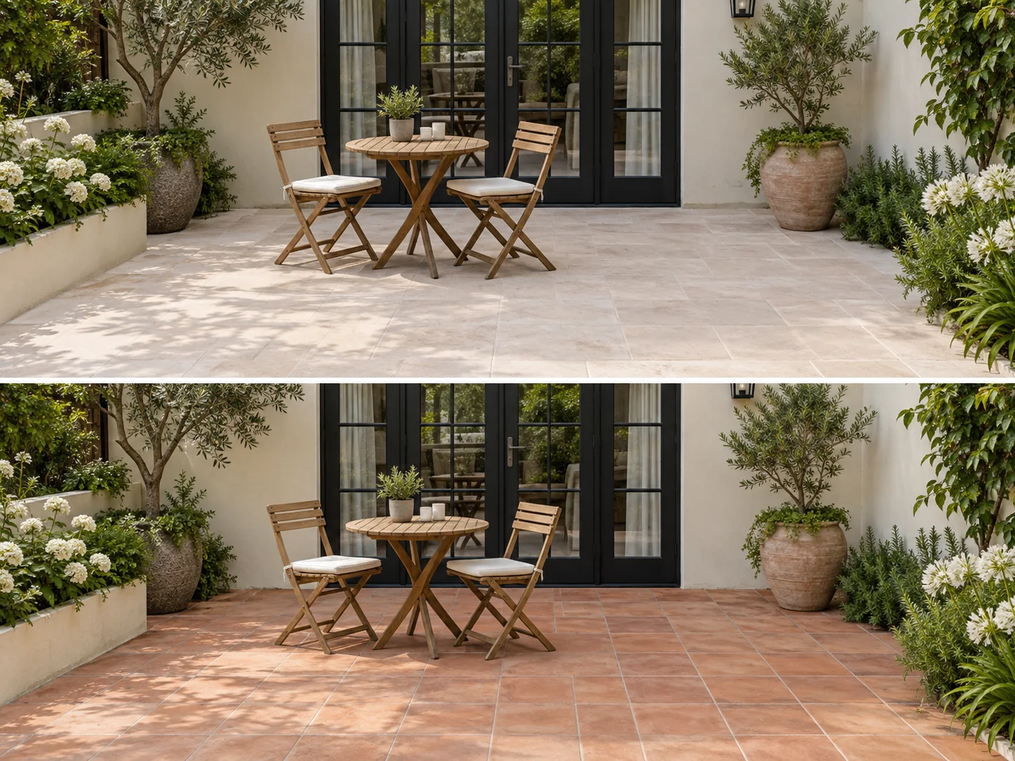 The same patio compared with pale limestone paving and warm terracotta tiles