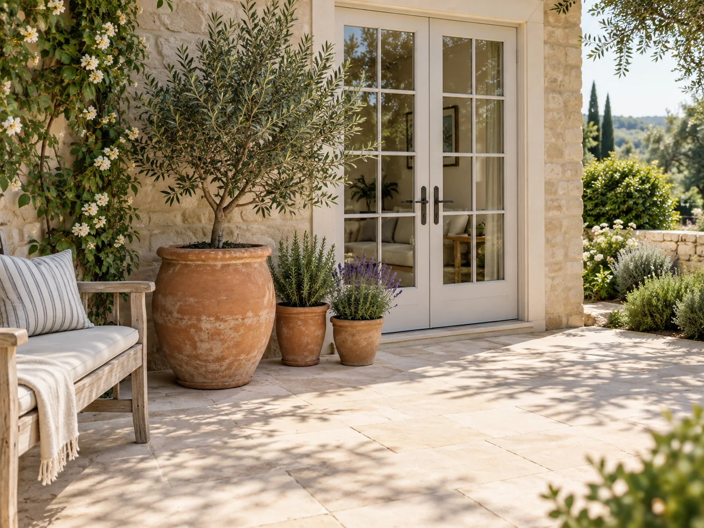 A Mediterranean patio with a few planters that leave the paving clear