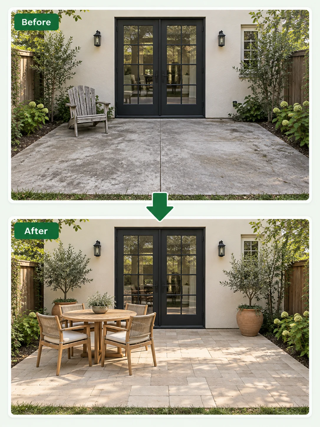 Before and after views of the same patio with new paving and dining furniture