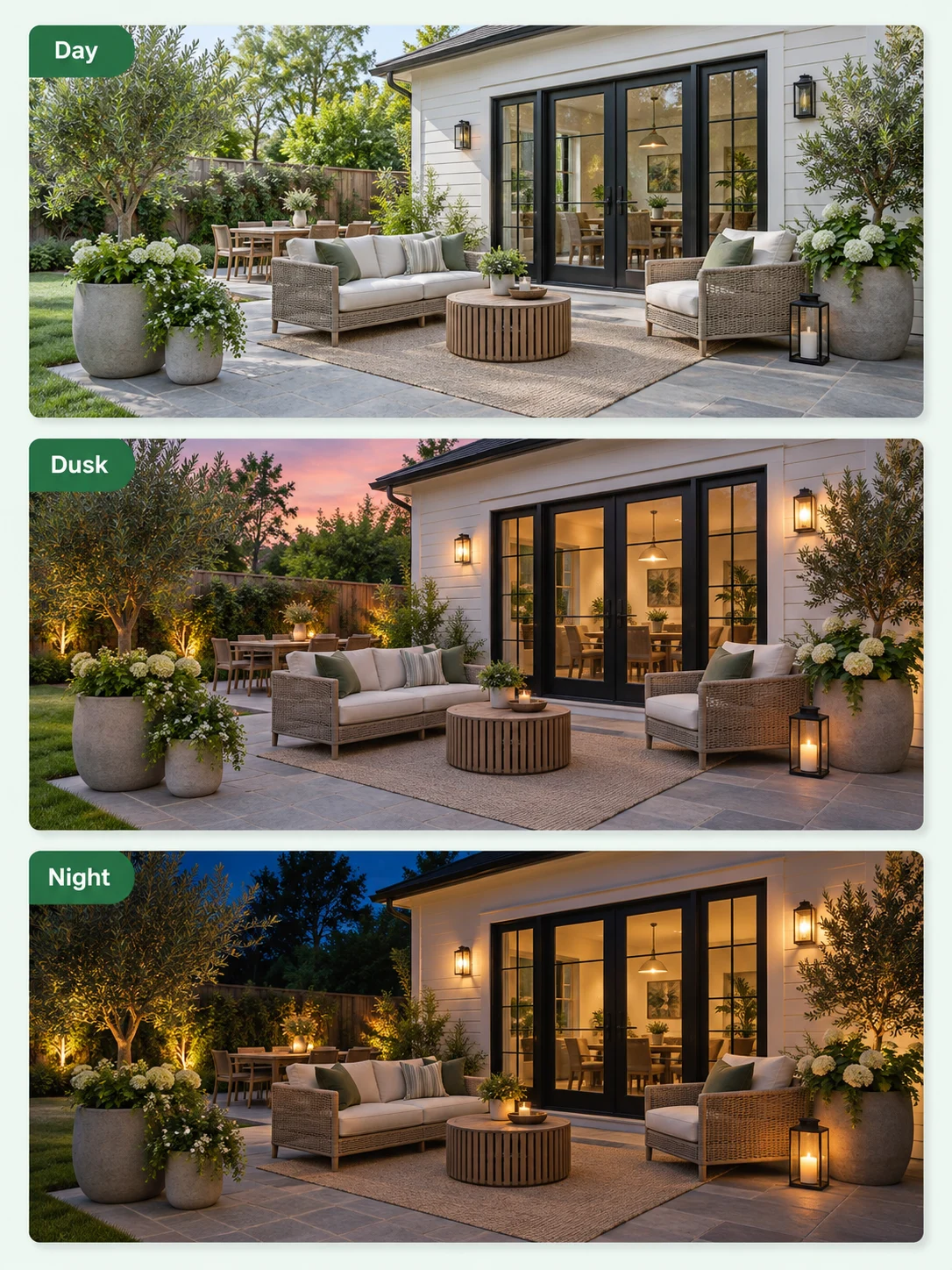 The same patio shown in daylight, dusk, and night lighting