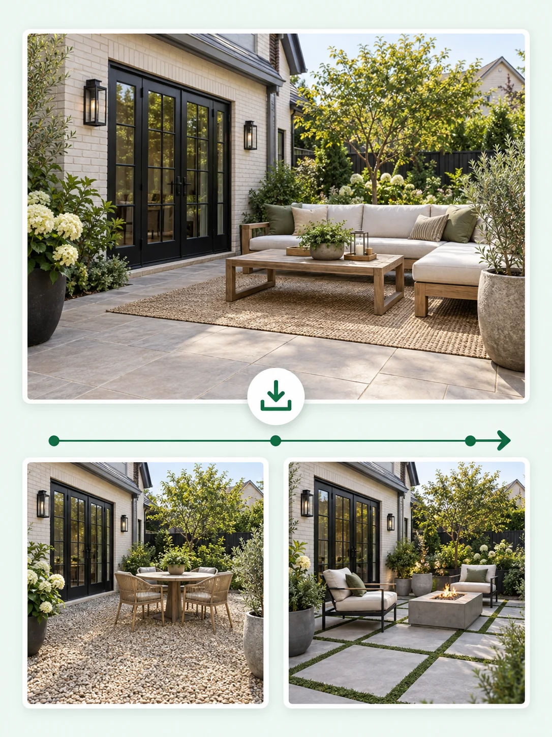 Saved patio concepts arranged as a photo archive for later comparison