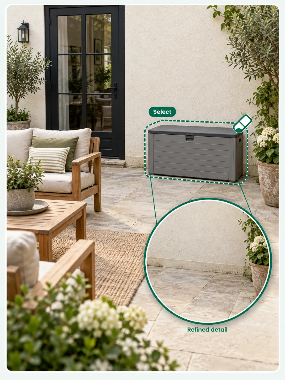 A patio photo with a storage box selected and a magnified view after removal