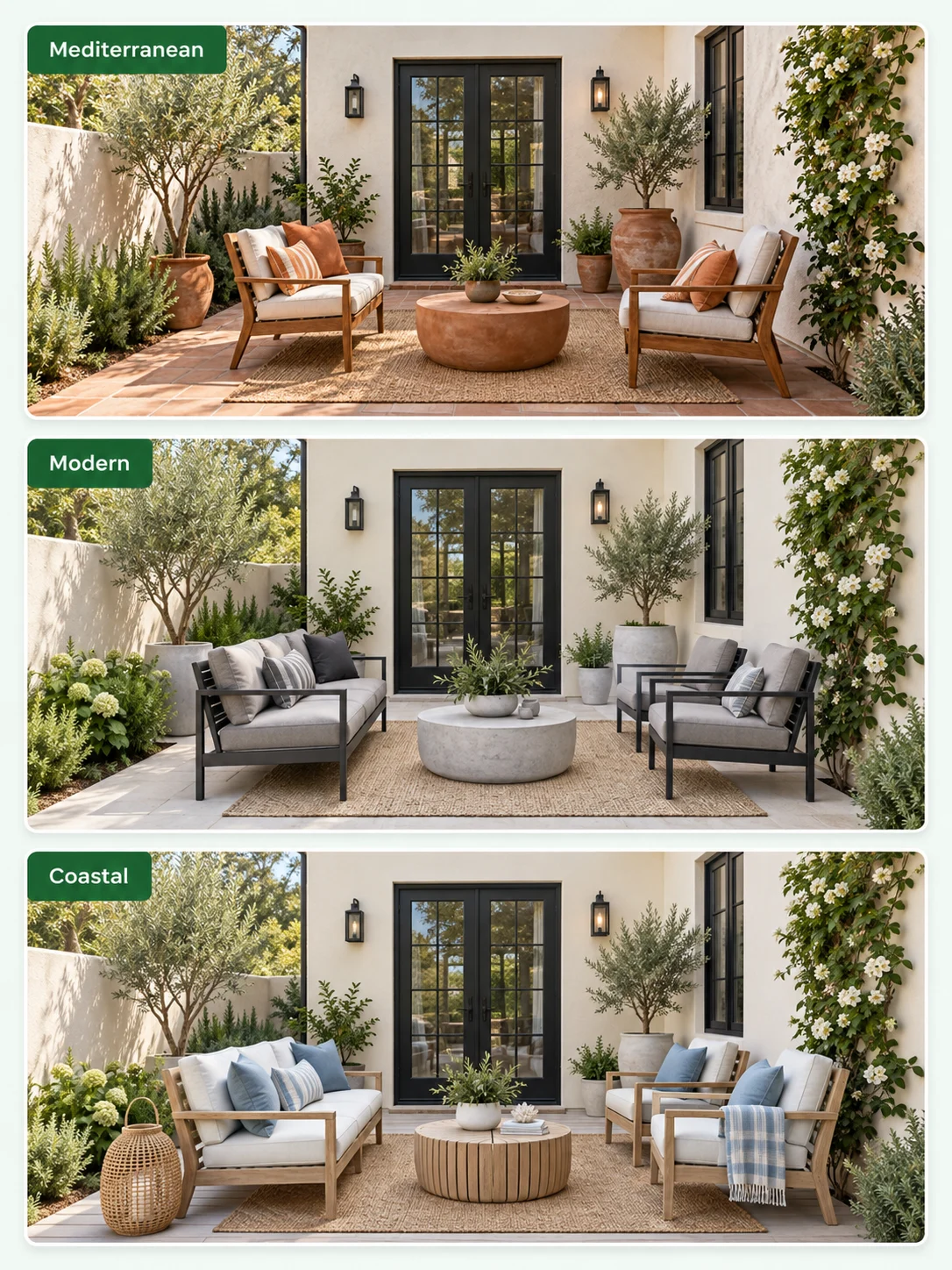 Mediterranean, modern, and coastal patio styles on the same house and doorway