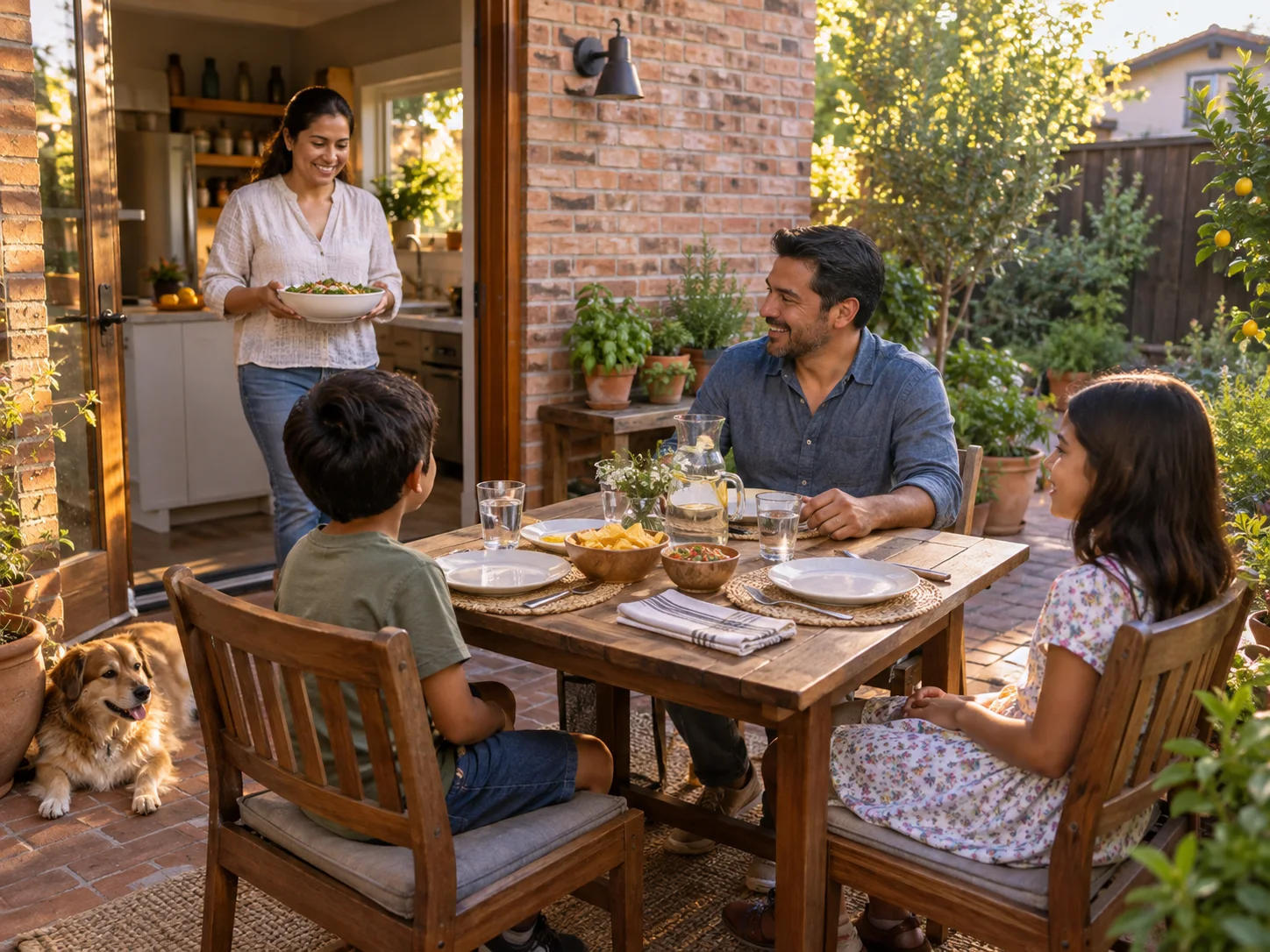 A family bringing food from the kitchen to a timber table on the patio