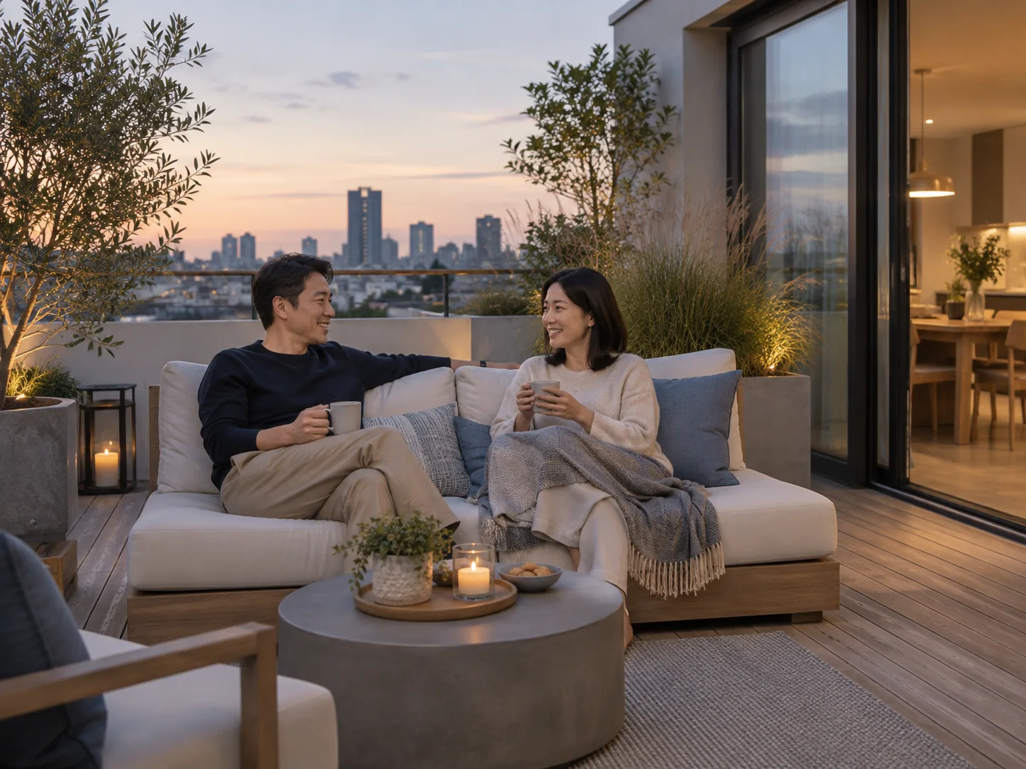 A couple unwinding on a compact outdoor sofa after work
