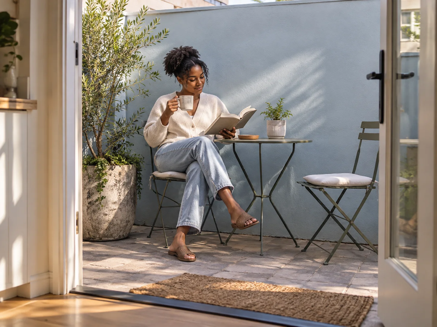 A woman having morning coffee at a small bistro table on an urban patio